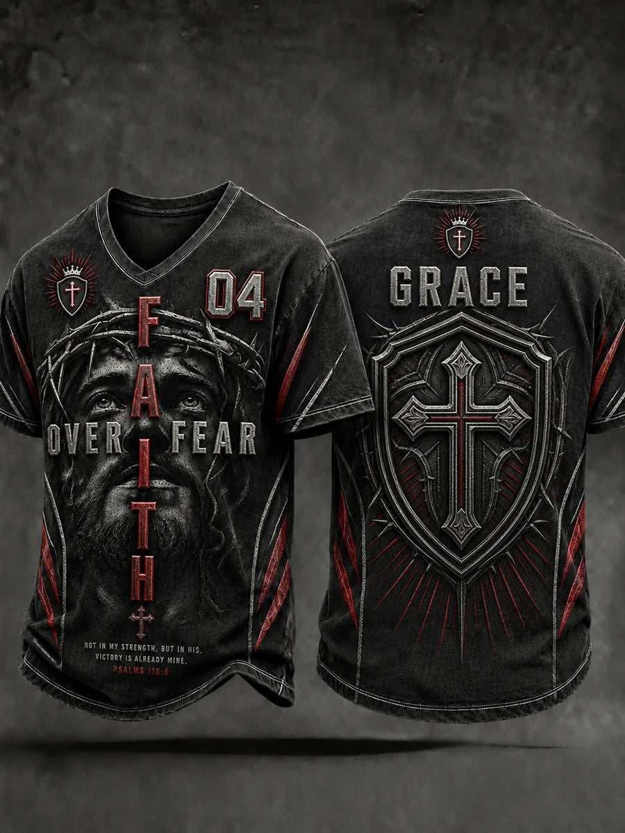 Faith Over Fear V-Neck Shirt Christian Cross Merch Gift Ideas For Him - Merchluma