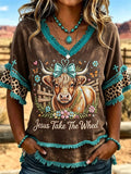 Jesus Take The Wheel Highland Cow V-Neck Shirt Cute Western Cow Merch Unique Gift - Merchluma