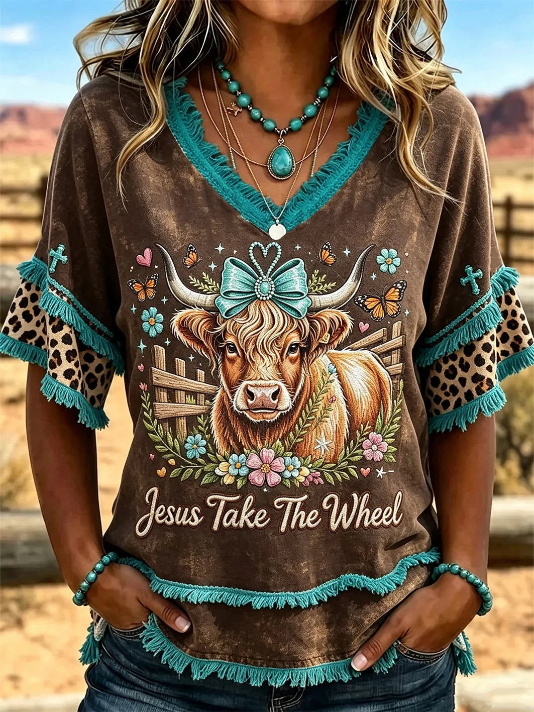 Jesus Take The Wheel Highland Cow V-Neck Shirt Cute Western Cow Merch Unique Gift - Merchluma
