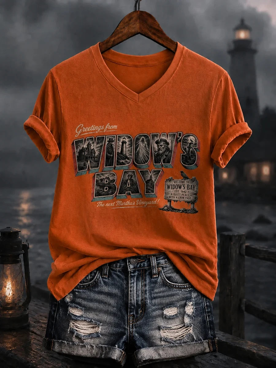 Greetings From Widow's Bay Horror V-Neck Shirt Spooky Halloween Merch Useful Gift For Brother - Merchluma