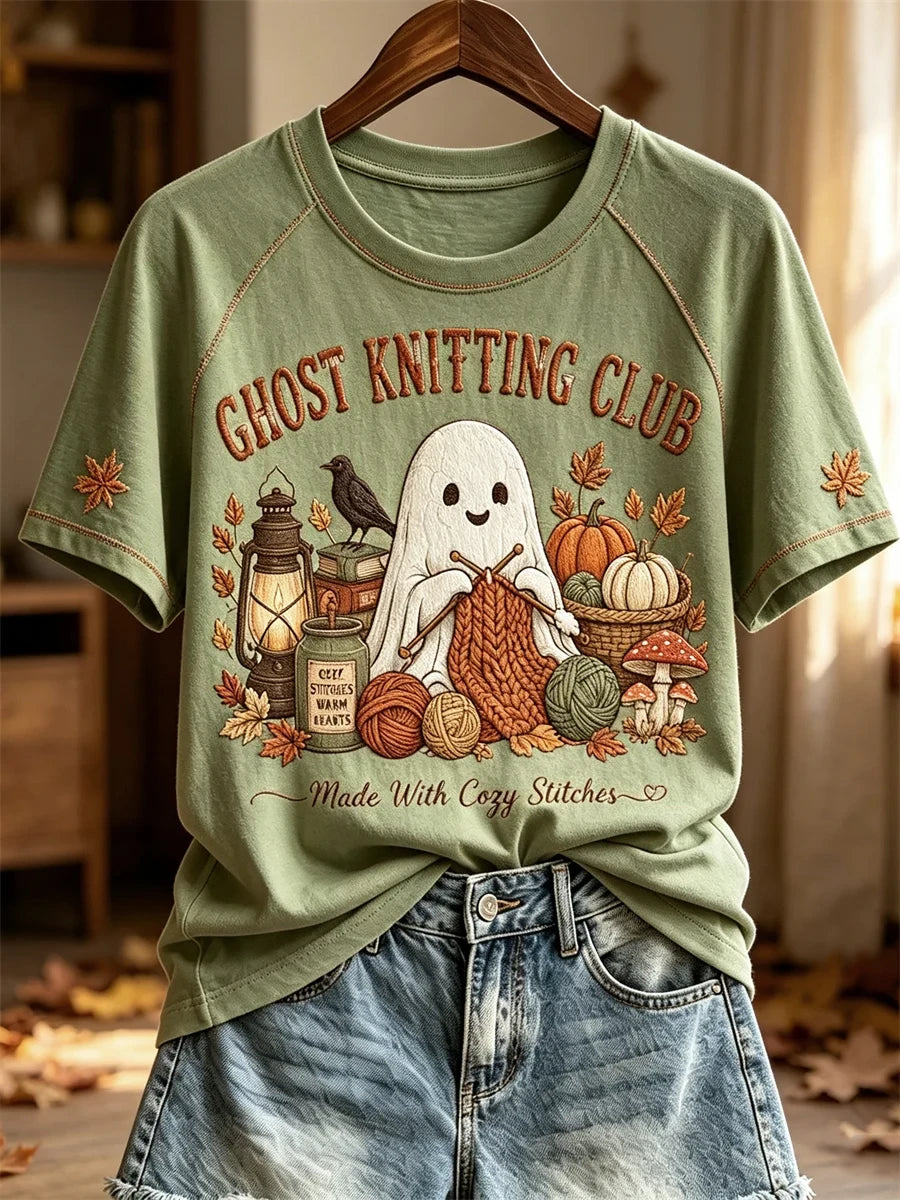 Ghost Kiniting Club T-Shirt Ladies Cute Halloween Apparel Gift For Friends - Merchluma