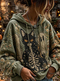 Women's Halloween Black Cat Ghost Drawstring Hoodie Halloween Horror Nights Apparel Gift For Her - Merchluma