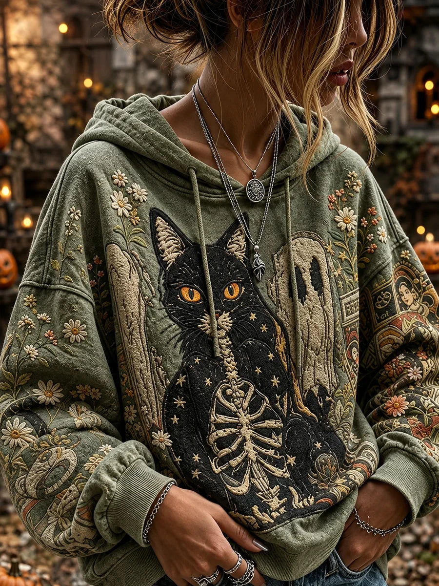 Women's Halloween Black Cat Ghost Drawstring Hoodie Halloween Horror Nights Apparel Gift For Her - Merchluma