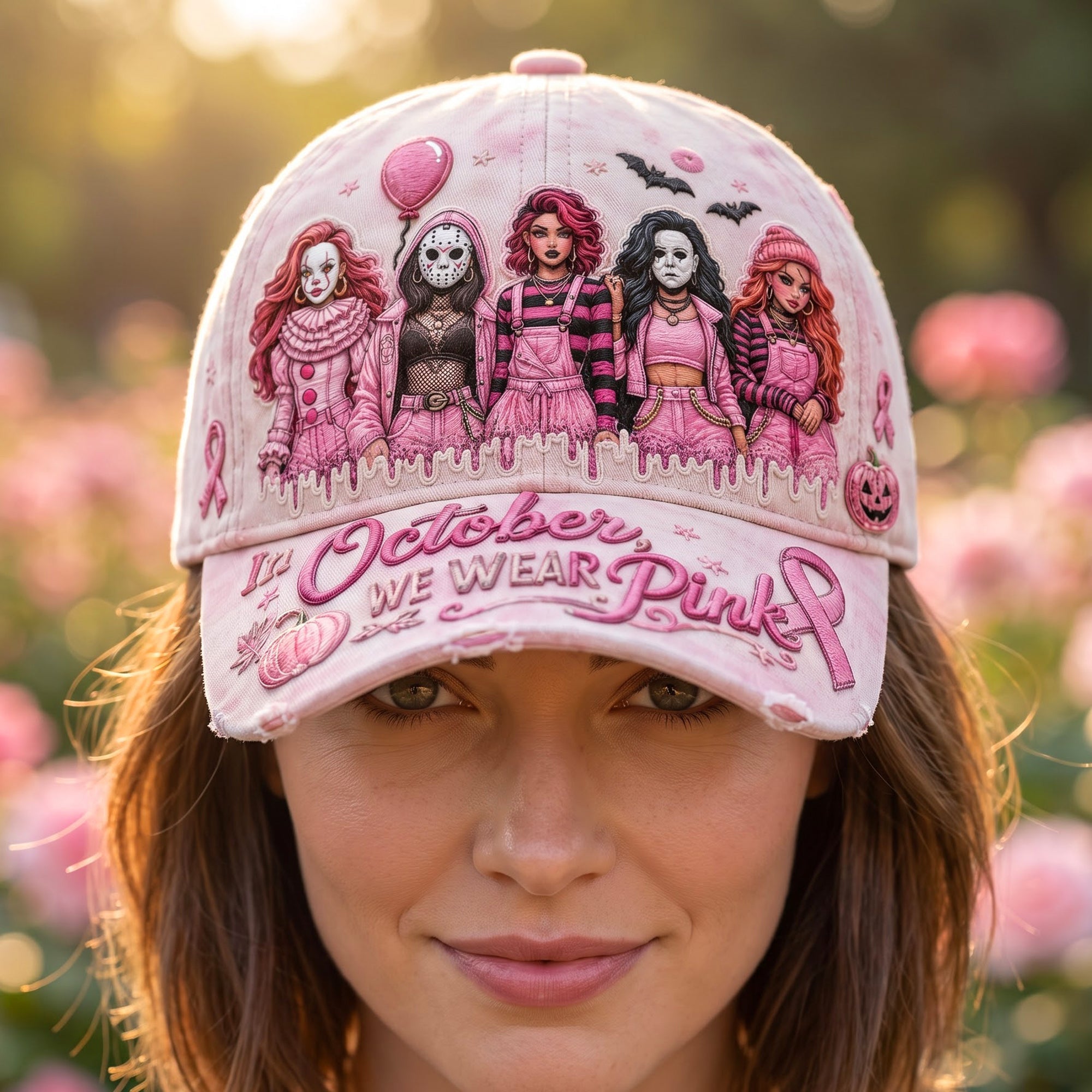 Horror Movie Characters Breast Cancer Squad Hat In October We Wear Pink Hat Halloween Gifts - Merchluma