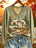 Halloween Ghost Fall RV Camping V-Neck Long Sleeve T-Shirt Best Halloween Gifts For Women - Merchluma