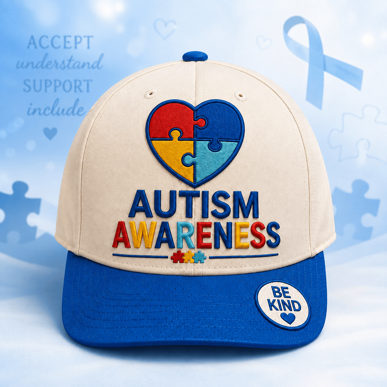 Autism Awareness Puzzle Heart Hat Be Kind Cap Embroidered Best Gifts For Artistic - Merchluma
