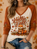 Hello Fall Cute Fox V-Neck Long Sleeve Shirt Good Halloween Outfits Gift For Bestie - Merchluma