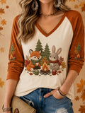 Women's Fall Fox V-Neck Long Sleeve Shirt Cute Halloween Apparel Gift For Friends - Merchluma