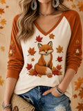 Women's Fall Fox V-Neck Long Sleeve Shirt Cute Halloween Apparel Gift For Her - Merchluma