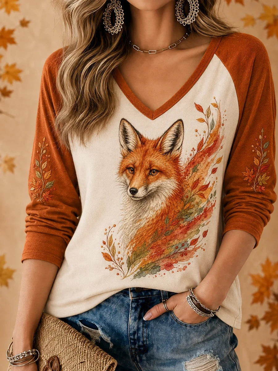 Women's Fall Fox V-Neck Long Sleeve Shirt Good Halloween Outfits Gift For Friends - Merchluma