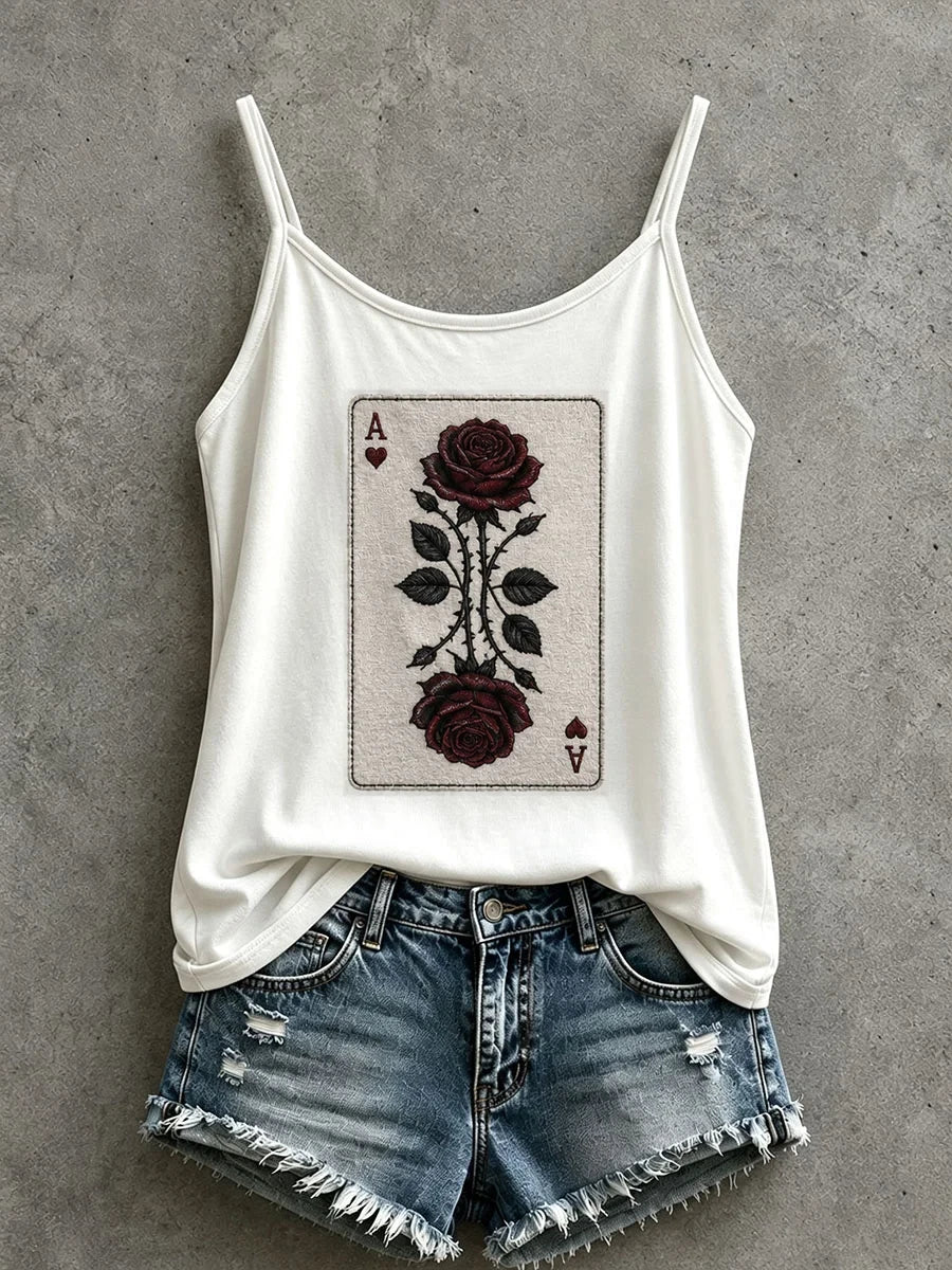 Women's Black Rose Playing Cards Tank Top Halloween Horror Nights Apparel Gift For Friends - Merchluma