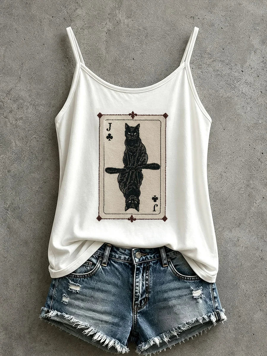Women's Black Cat Playing Cards Tank Top Halloween Clothes Gift For Friends - Merchluma
