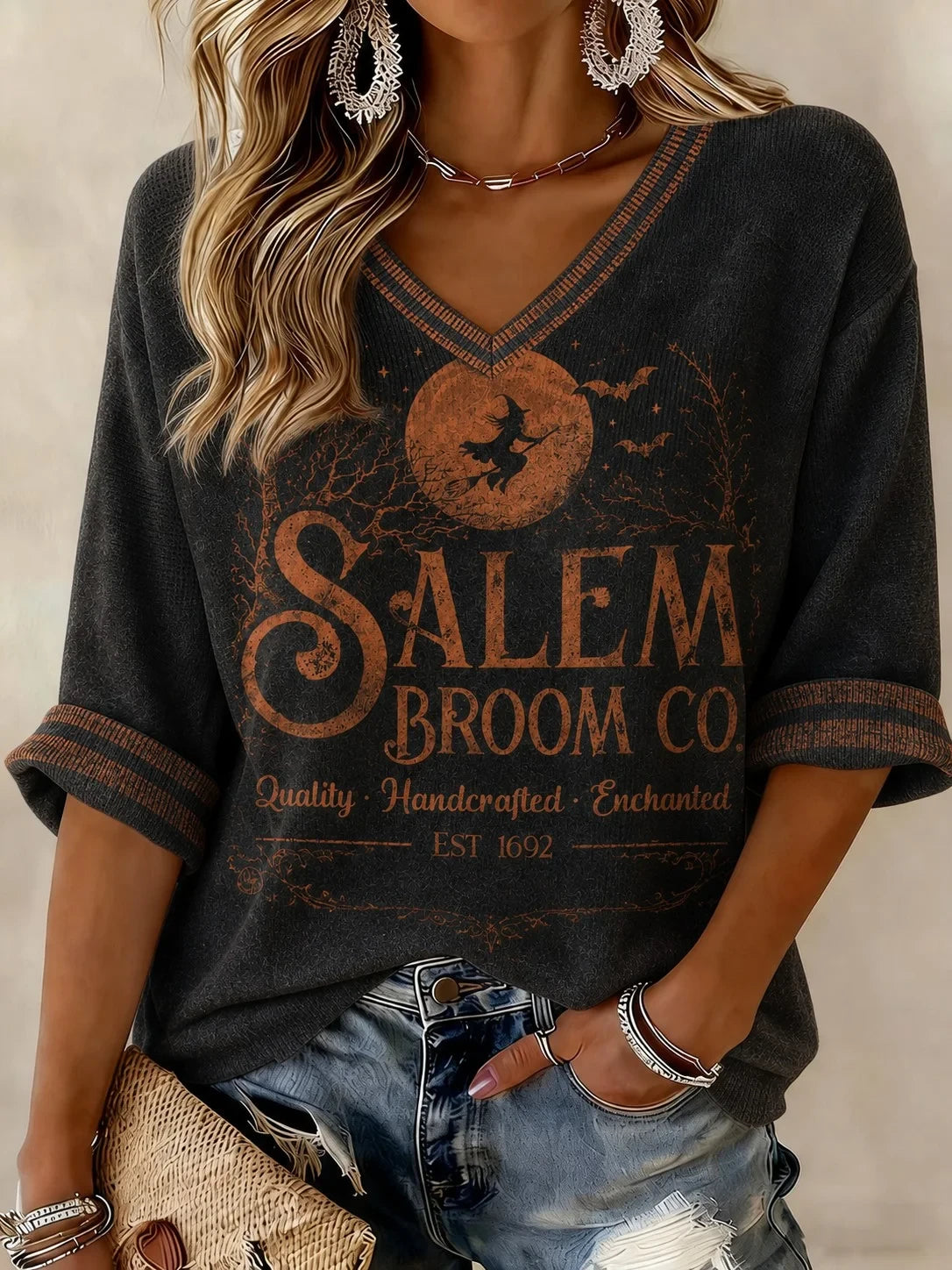 Salem Broom Company Cropped Sleeve V-Neck T-Shirt Quality Handcrafted Enchanted Clothes Fan Gift - Merchluma