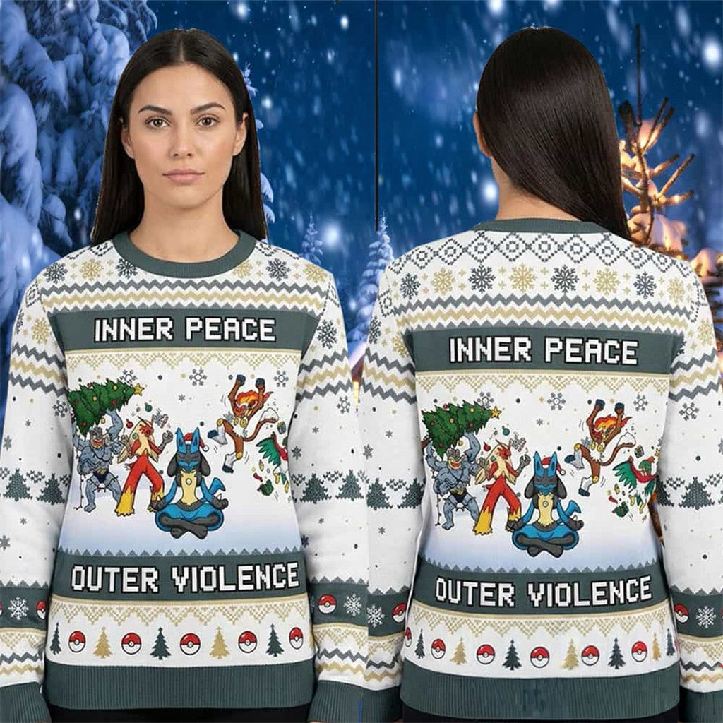 Pokemon Fighting Type Inner Peace Outer Violence 2026 Pokemon Ugly Christmas Sweater Gifts - Merchluma
