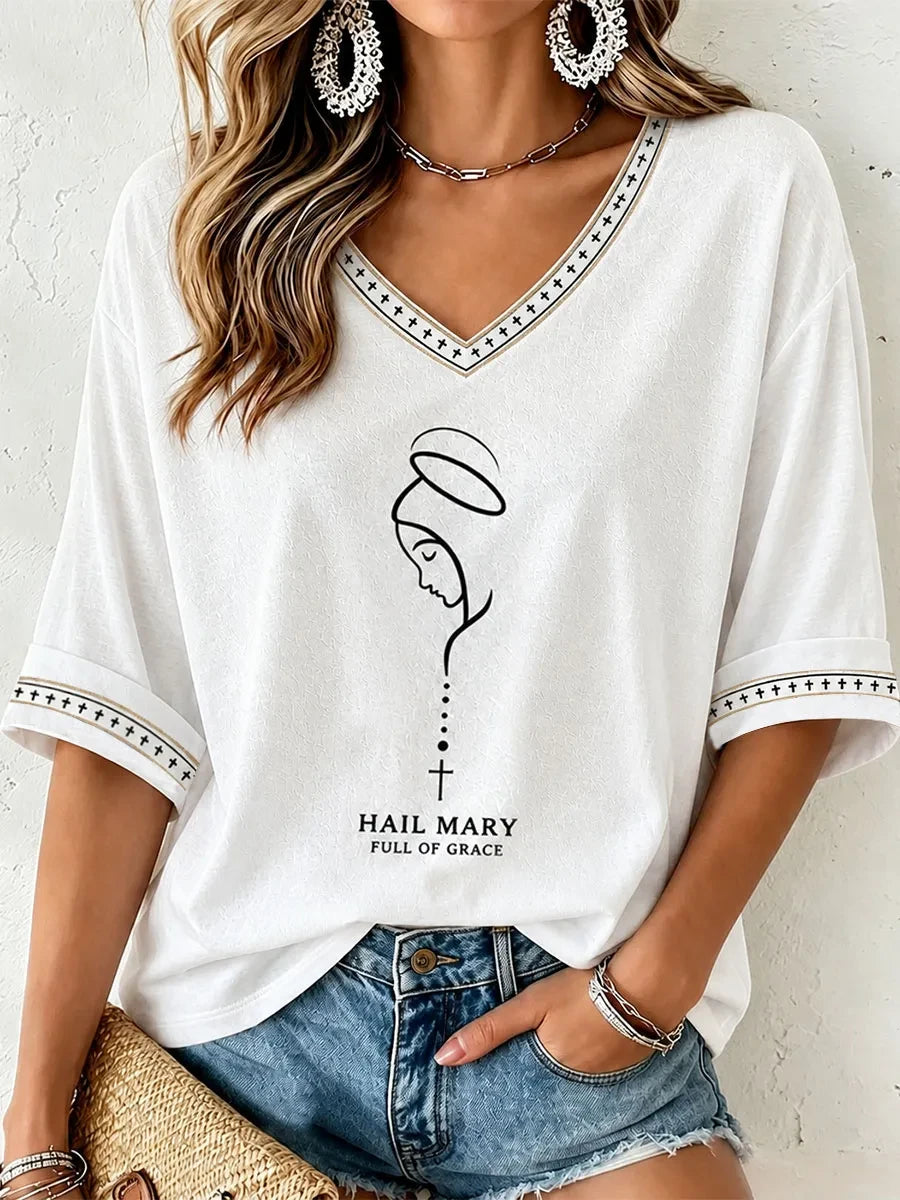 Women's Hail Mary Full Of Grace Cropped Sleeve V-Neck T-Shirt Gift Ideas For Girlfriend - Merchluma
