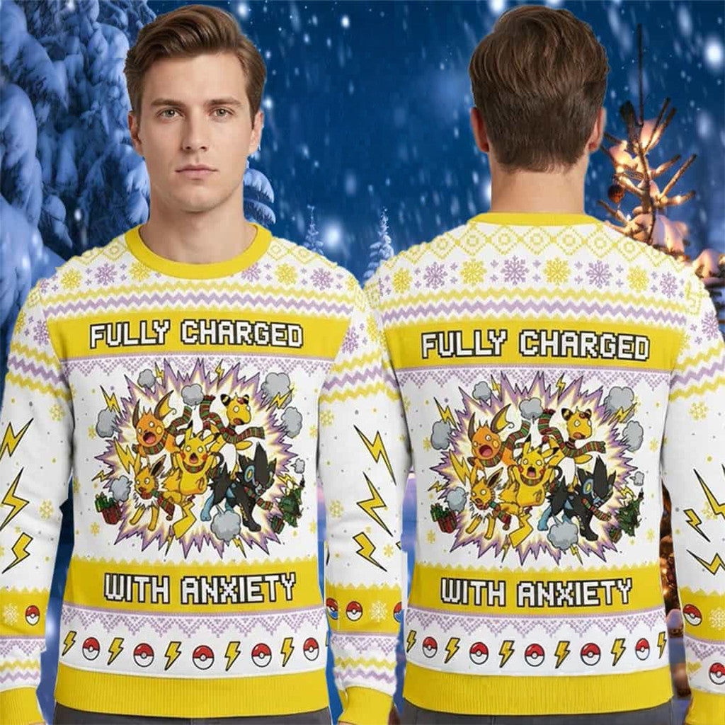 Pokemon Electric Type Anxiety Fully Charged 2026 Pokemon Ugly Christmas Sweater - Merchluma