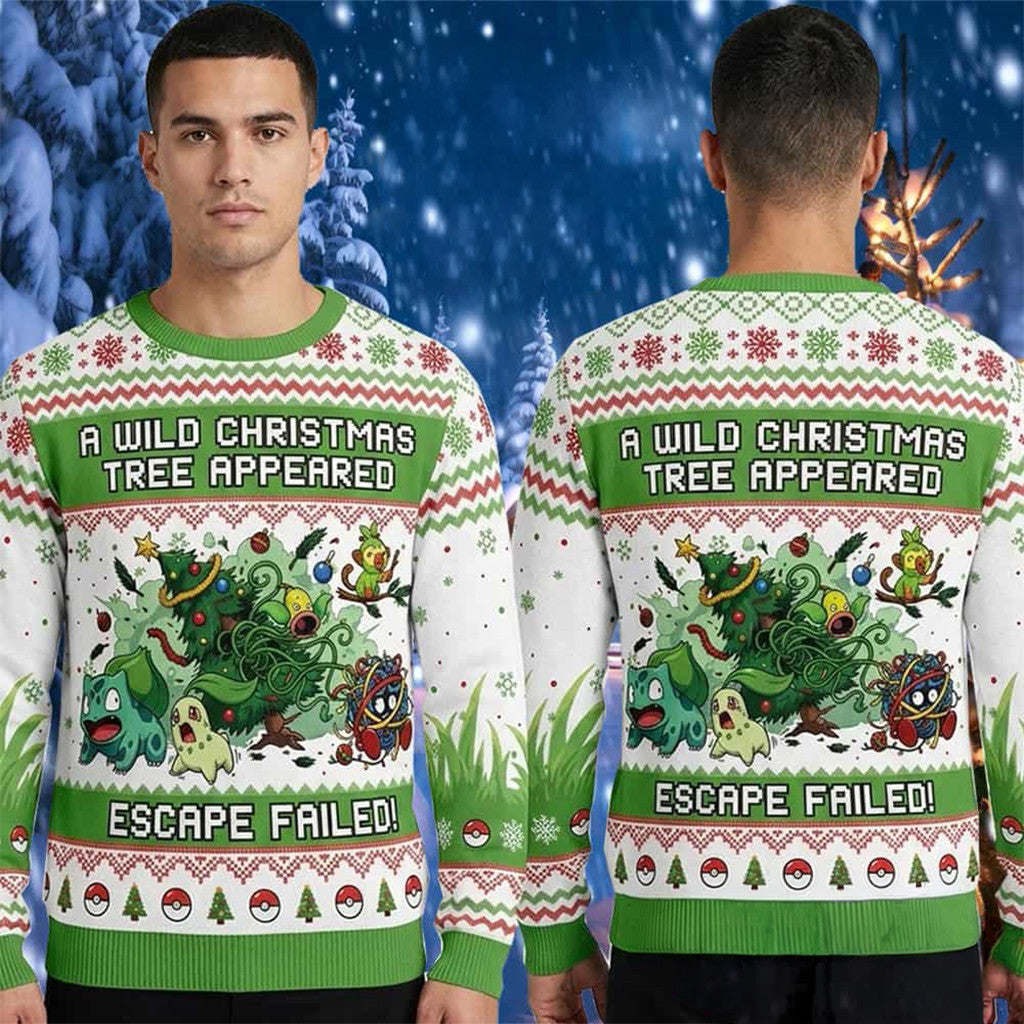 Pokemon Grass Type A Wild Xmas Tree Appeared Escape Failed 2026 Pokemon Ugly Christmas Sweater - Merchluma
