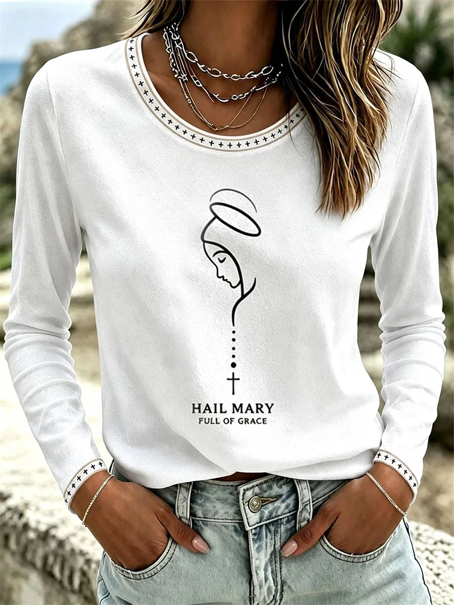 Women's Hail Mary Full Of Grace Long Sleeve Shirt Christian Gift Ideas For Friends - Merchluma
