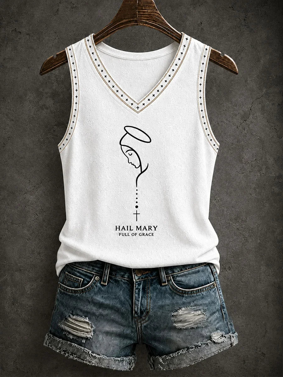 Women's Hail Mary Full Of Grace V-Neck Tank Top Christian Gift Ideas For Girlfriend - Merchluma