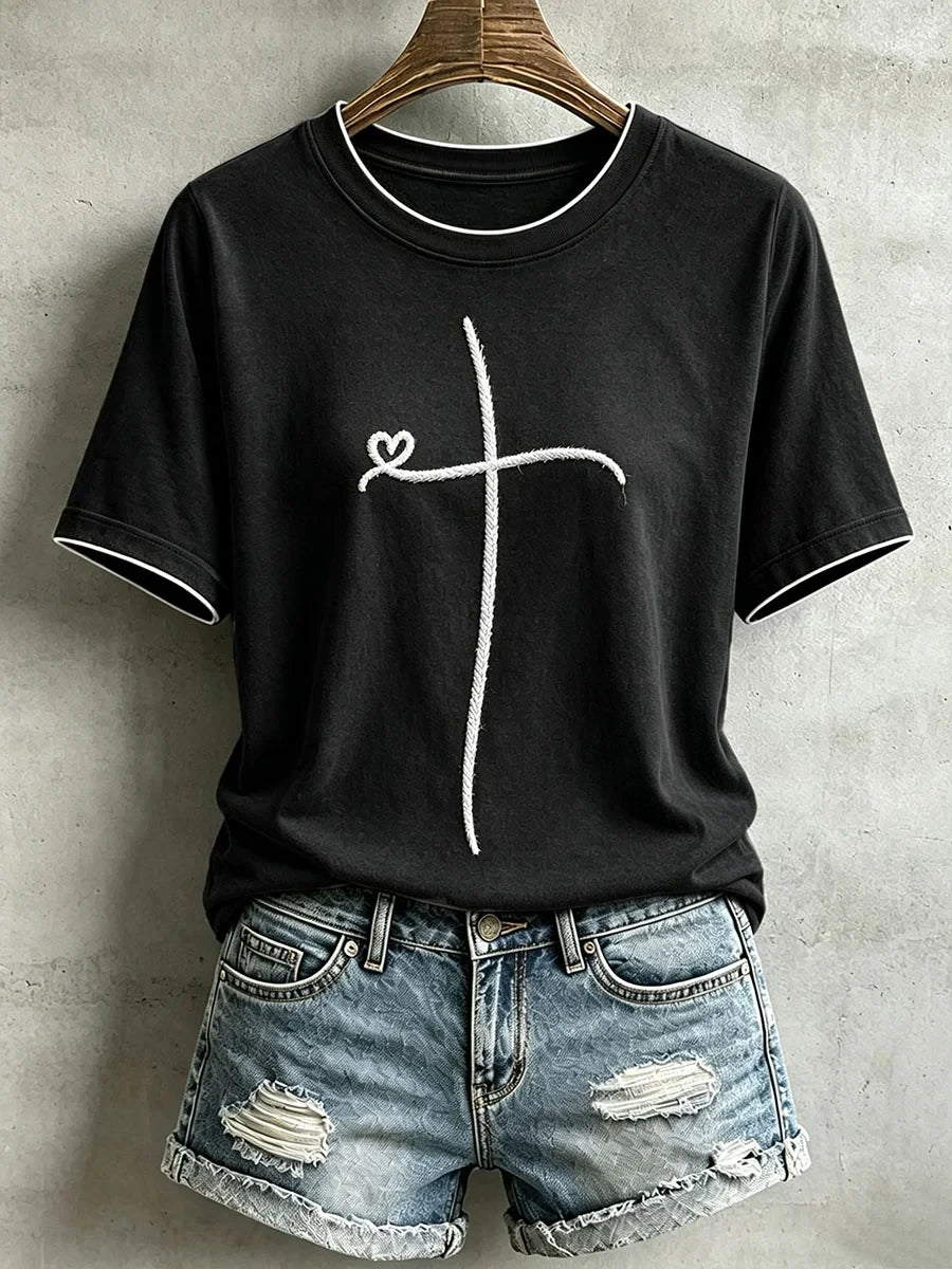 Christian Cross Heart T-Shirt Faith Based Women's Apparel Religious Gifts Ideas - Merchluma