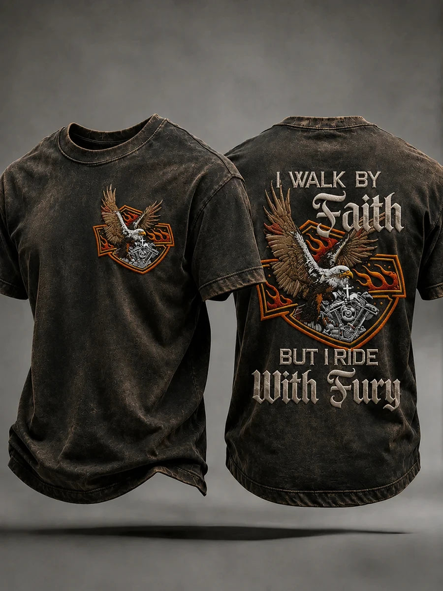 Christian Motorcycle Biker T-Shirt I Walk By Faith But I Ride With Fury Shirt Gift For Husband - Merchluma