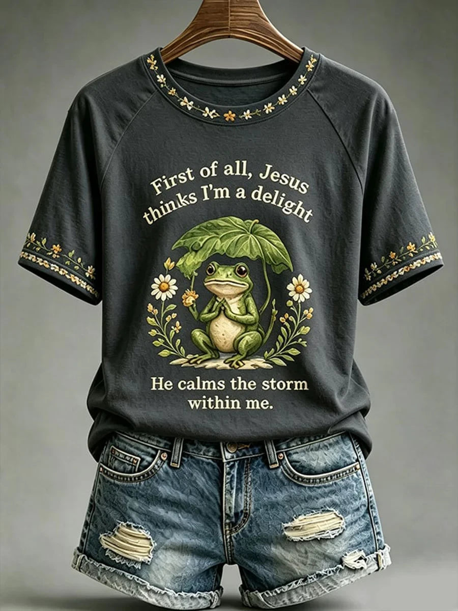 Frog Jesus Thinks I'm A Delight Printed T-Shirt Cool Christian Apparel Religious Gifts For Her - Merchluma