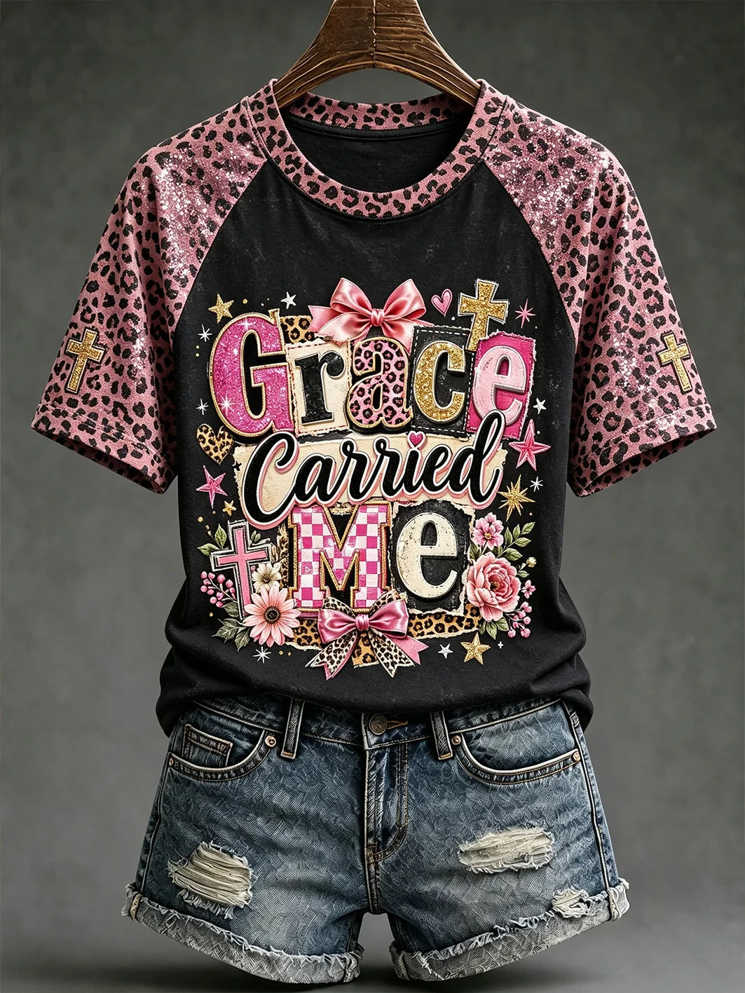 Grace Carried Me T-Shirt Faith Themed Fun Slogan Pattern Shirt Christian Gift For Her - Merchluma