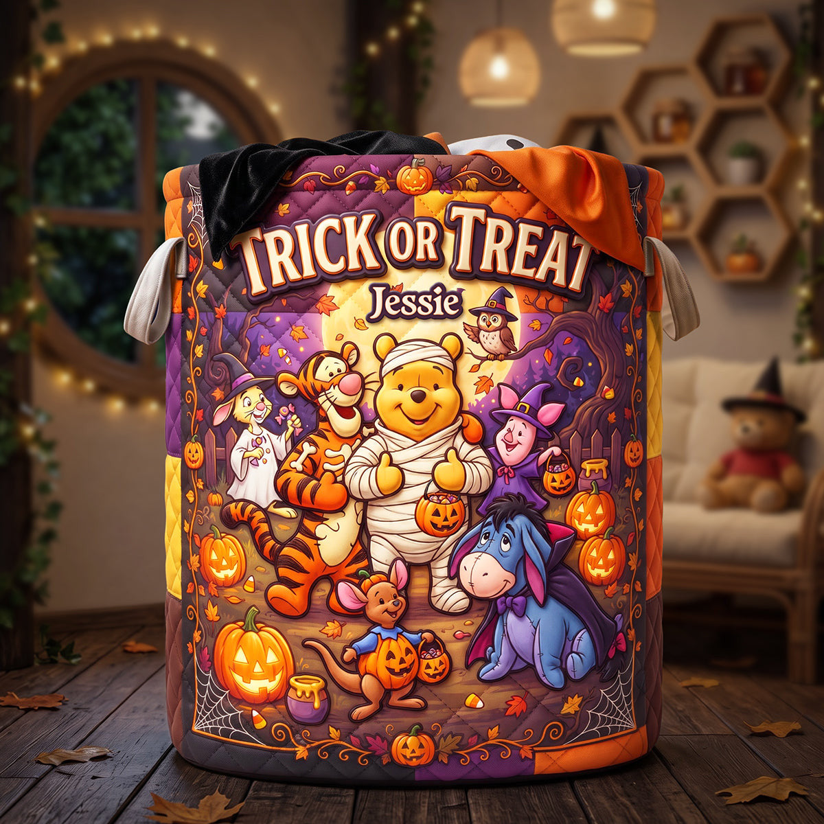 Personalized Winnie The Pooh Woodland Friend Quilted Laundry Basket Gift For Halloween - Merchluma