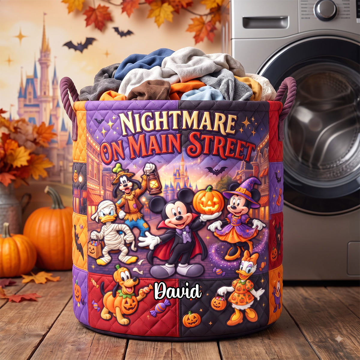 Personalized Mickey Mouse Nightmare On Main Street Quilted Laundry Basket Halloween Gifts - Merchluma