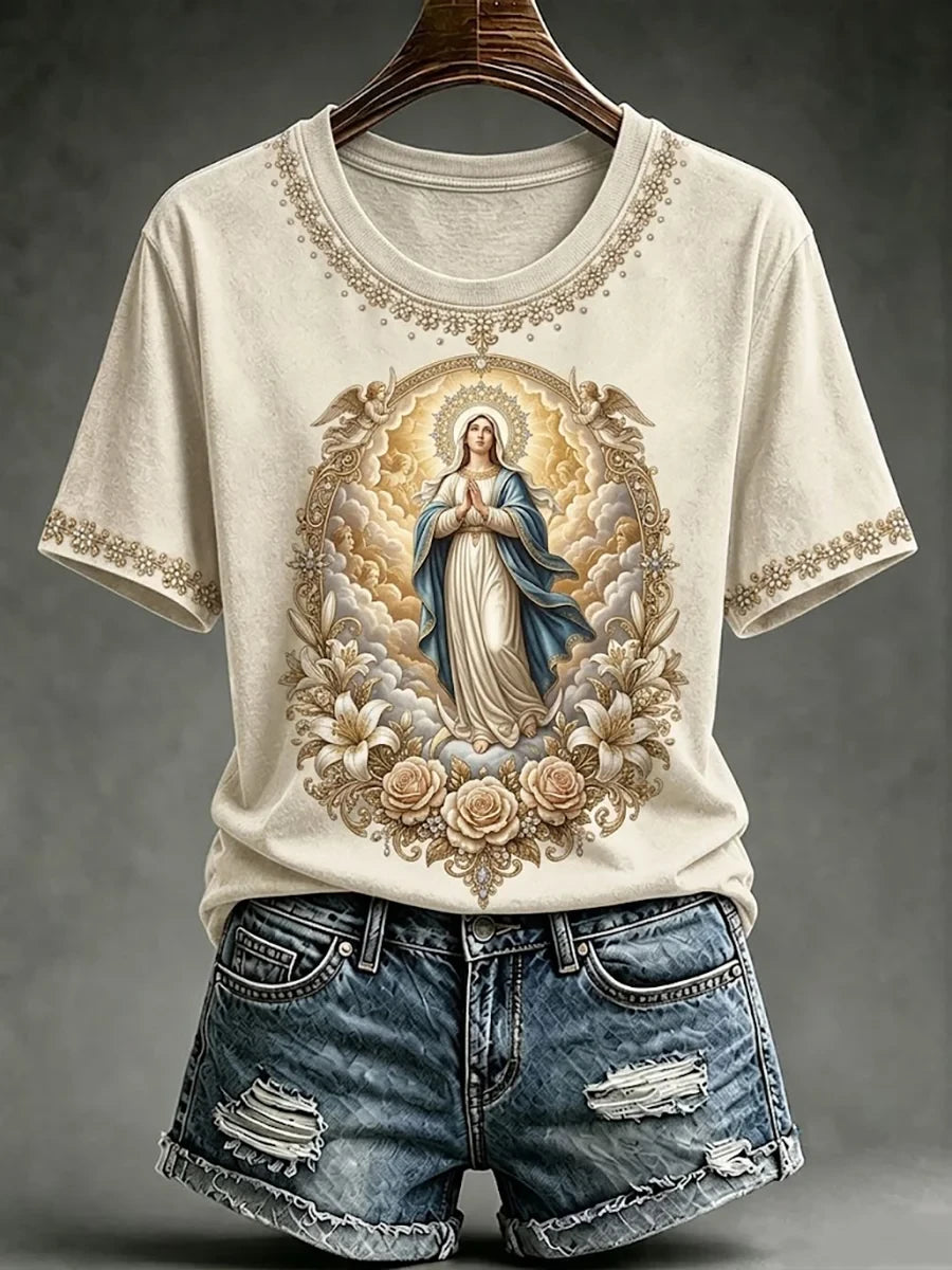 Assumption Of Mary Faith Art T-Shirt Floral Christian Apparel Religious Gifts For Mom - Merchluma