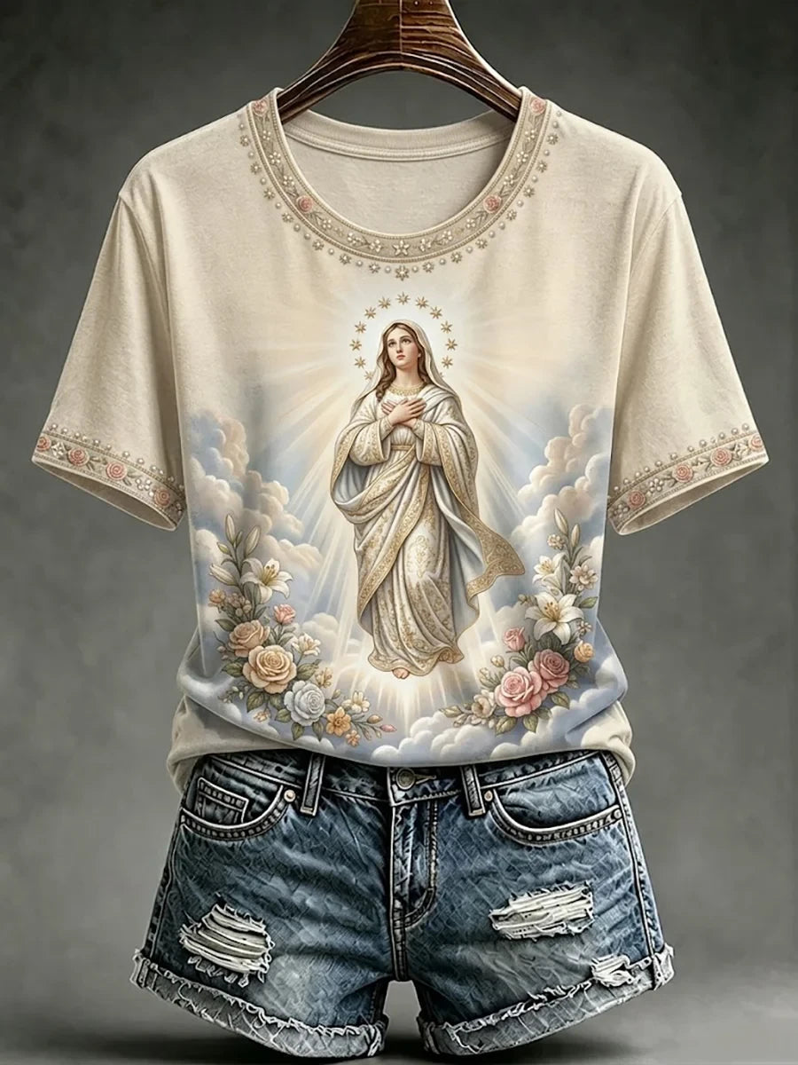Assumption Of Mary Faith Art T-Shirt Floral Virgin Mary Merch Gift For Catholic - Merchluma