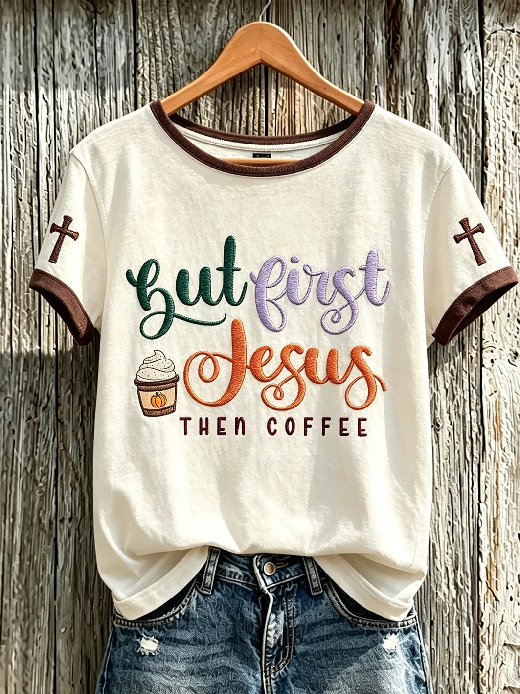 But First Jesus Then Coffee T-Shirt Faith Themed Fun Slogan Shirt Humorous Gift For Christian - Merchluma