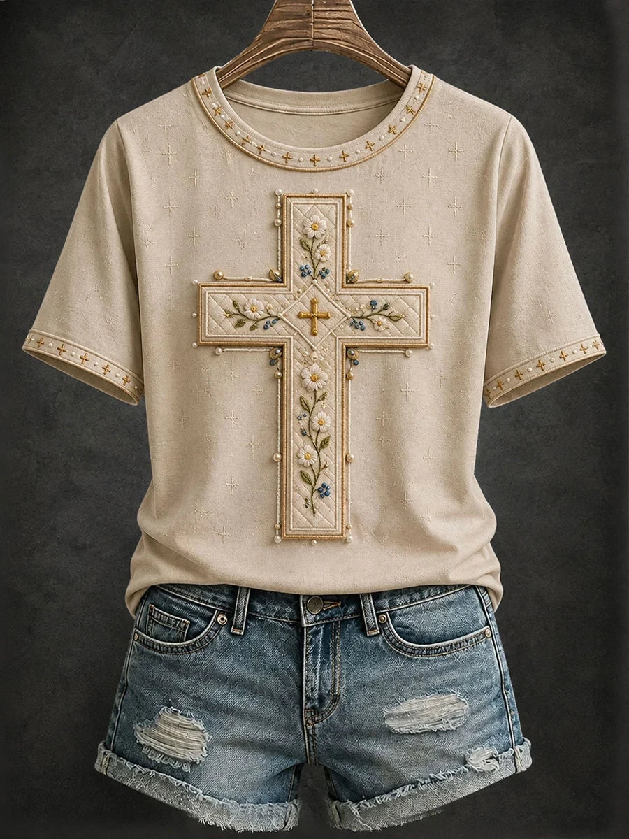 Faith Cross Floral T-Shirt Women's Christian Apparel Religious Gifts For Mom - Merchluma