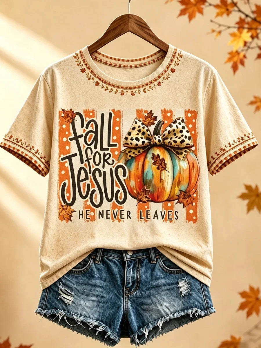 Fall For Jesus He Never Leaves T-Shirt Pumpkin Autumn Clothing Christian Gift For Women - Merchluma