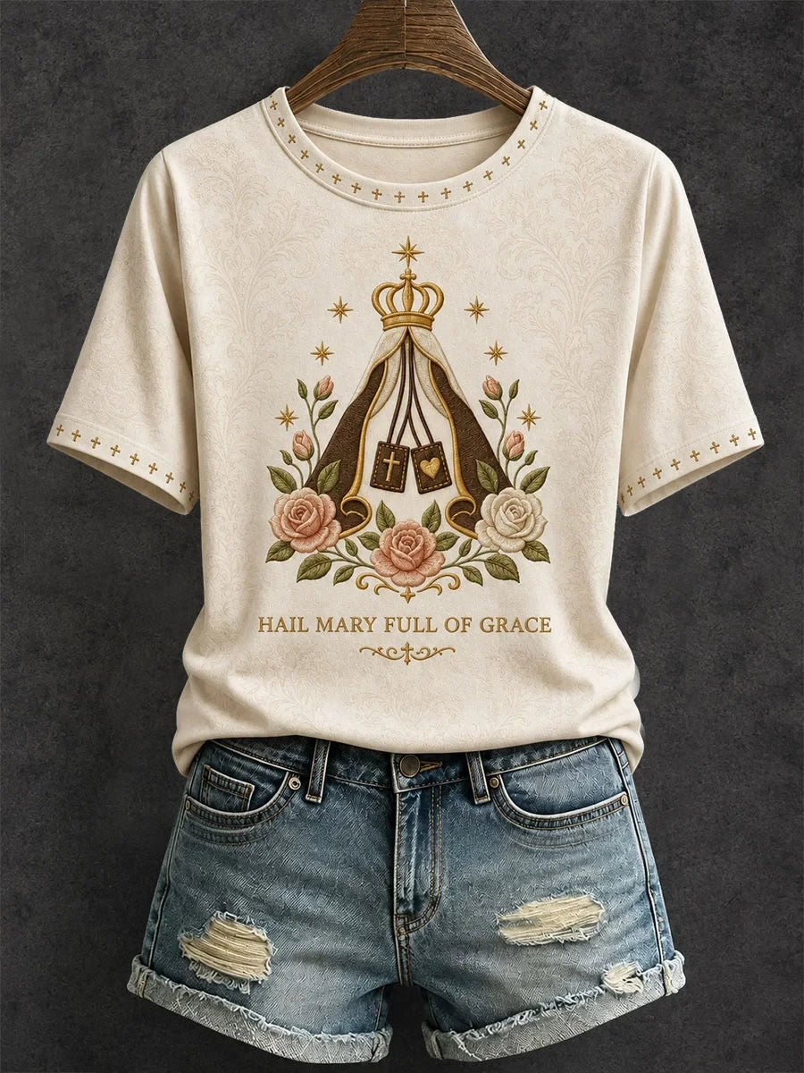 Hail Mary Full Of Grace T-Shirt Faith Based Apparel Christian Gifts For Ladies - Merchluma