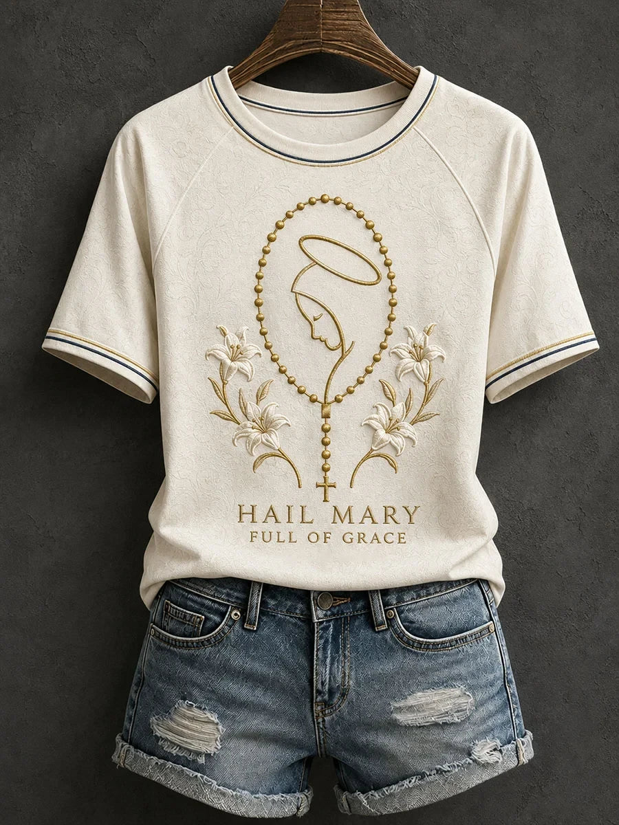 Hail Mary Full Of Grace T-Shirt Floral and Rosasy Shirt Christian Gifts For Mom - Merchluma