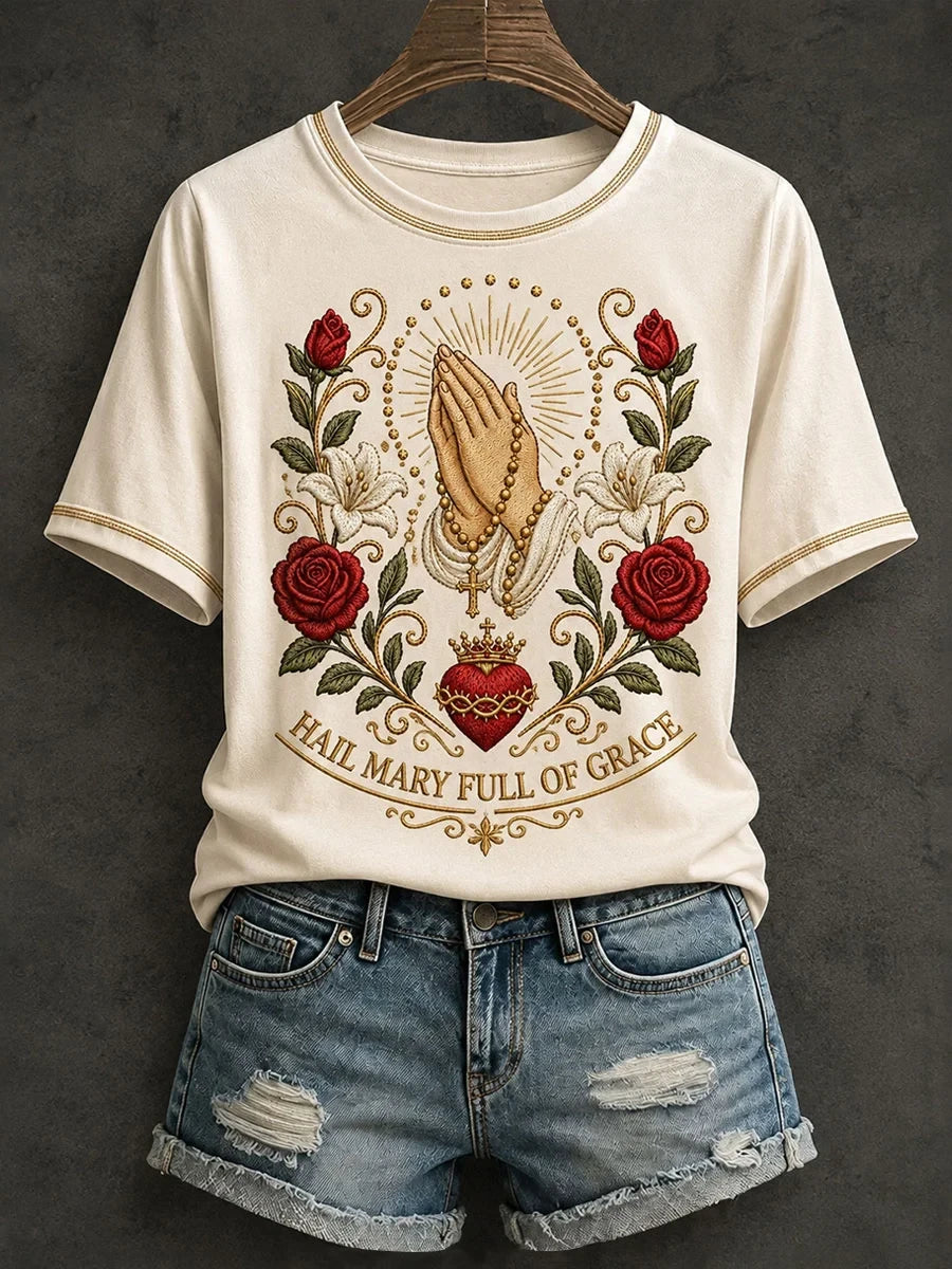 Hail Mary Full Of Grace T-Shirt Floral Catholic Shirt Christian Gifts For Women - Merchluma