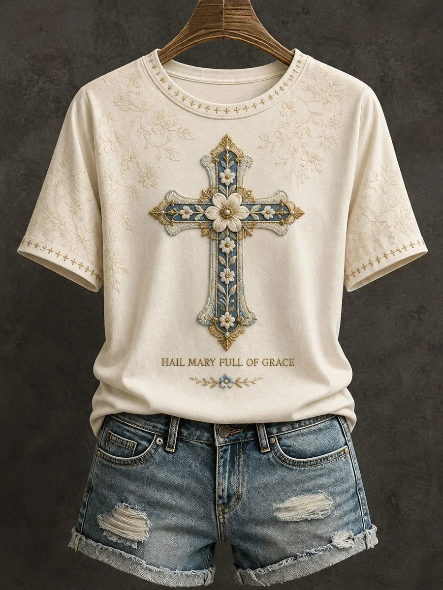 Hail Mary Full Of Grace T-Shirt Floral Cross Shirt Faith Based Apparel Gift For Christian Mom - Merchluma