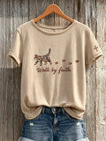 Walk By Faith Fuzzy Tabby Cat And Paw Prints T-Shirt Christian Apparel Gift For Cat Lovers - Merchluma
