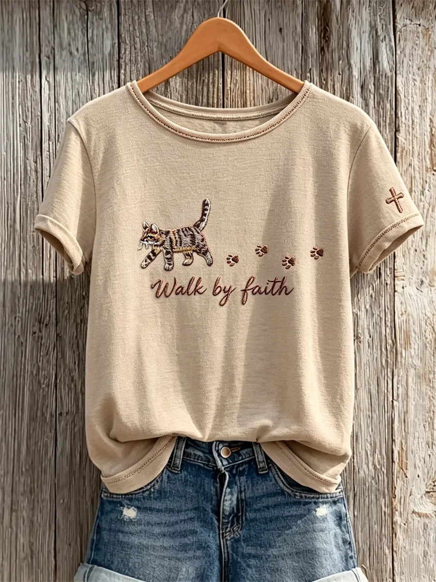 Walk By Faith Fuzzy Tabby Cat And Paw Prints T-Shirt Christian Apparel Gift For Cat Lovers - Merchluma