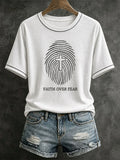 Faith Over Fear T-Shirt Fingerprint Holy Cross Shirt Gifts For Christian Woman - Merchluma