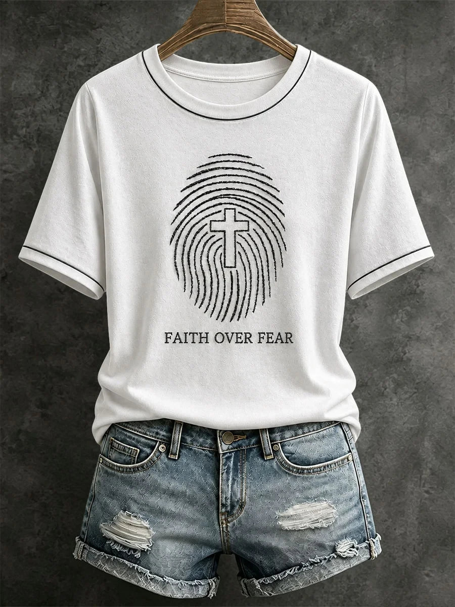 Faith Over Fear T-Shirt Fingerprint Holy Cross Shirt Gifts For Christian Woman - Merchluma