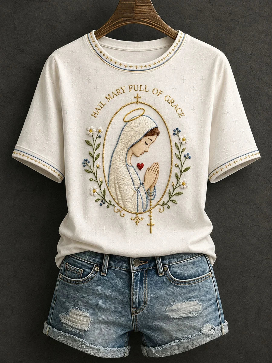 Hail Mary Full Of Grace Shirt Floral Virgin Mary Apparel Gift For Christian Mom - Merchluma