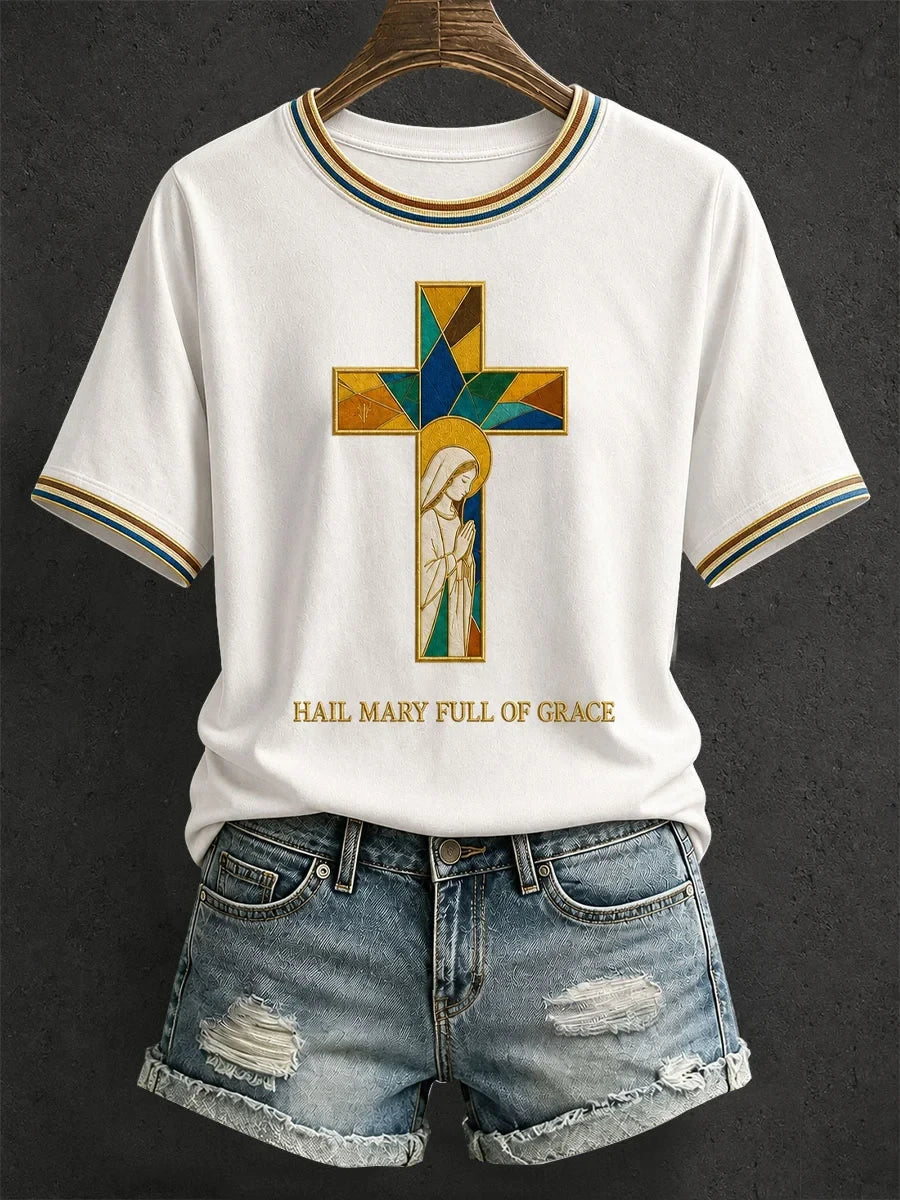 Hail Mary Full Of Grace T-Shirt Faith Cross Shirt Christian Trendy Outfits Gift For Mom - Merchluma