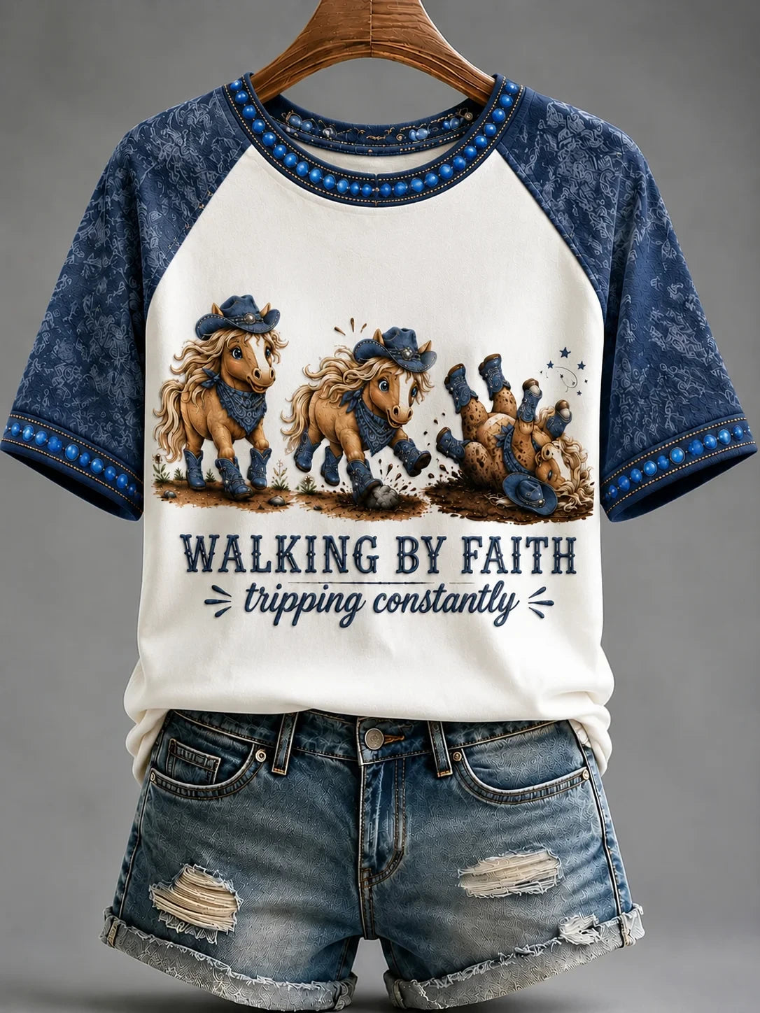 Horse Walking By Faith Tripping Constantly T-Shirt Funny Christian Apparel Religious Gift Idea - Merchluma