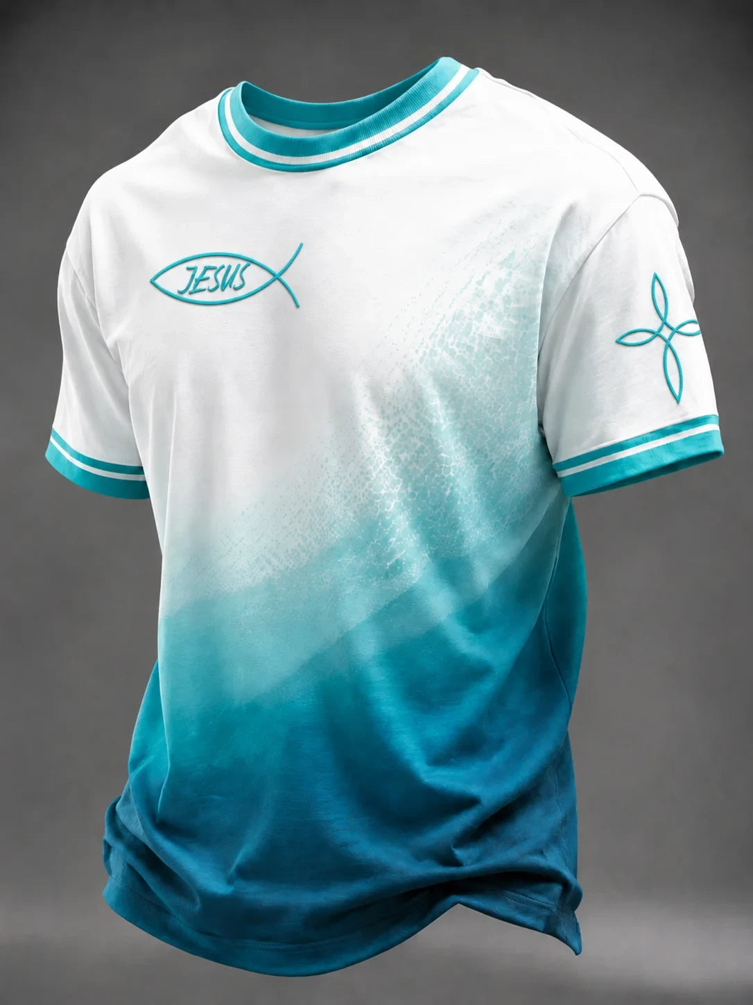 Jesus Fish Christian T-Shirt Ombre Faith Based Apparel Minimalist Religious Gifts - Merchluma