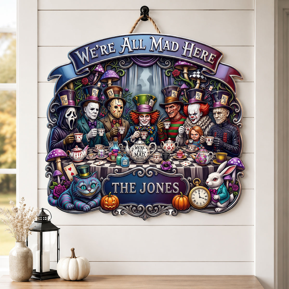 Personalized Horror Character Mad Tea Party Acrylic Sign Halloween Decor Gift For Horror Fans - Merchluma