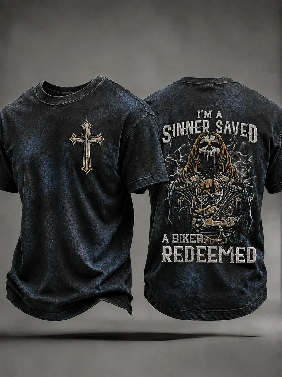 I'm A Sinner Saved A Biker Redeemed T-Shirt Faith Based Shirt Christian Motorcycle Biker Gifts - Merchluma