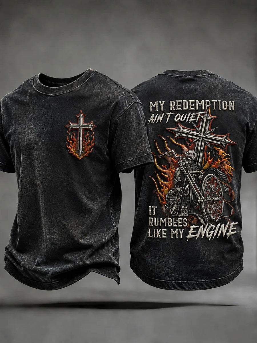 My Redemption Ain't Quiet It Rumbles Like My Engine T-Shirt Motorcycle Biker Christian Apparel - Merchluma