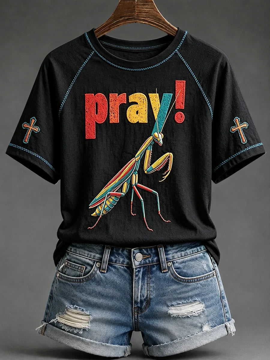 Praying Mantis Cross T-Shirt Elevated Faith Clothing Unique Religious Gifts - Merchluma